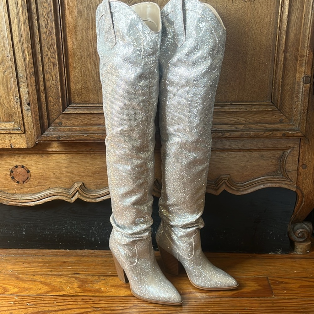 Steve Madden Landy-R Rhinestone Over The Knee Cowboy Boots - Picture 2 of 16